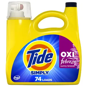 74 Loads Sunny Breeze smelling fresh and clean with Oxi Boost+ Febreze Odor Defense detergent 105 fl oz