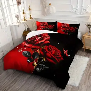 3-Piece Rose Pattern Bedding Set, Soft Cotton Polyester, Includes Duvet Cover & Pillowcases, Bedroom Dorm Room Decor, Comfy Bed Sets
