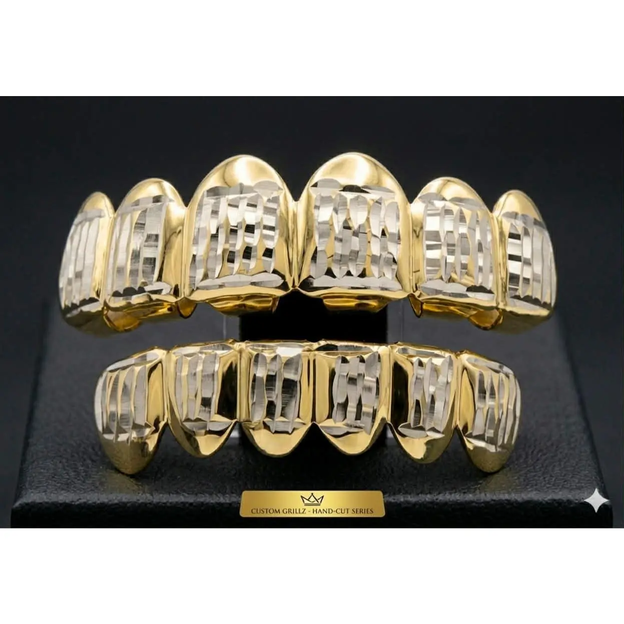 14K Gold Plated Upper & Lower Grillz Set Diamond Cut Series 04 14K Gold Plated Upper & Lower Grillz Set Diamond Cut Series 04