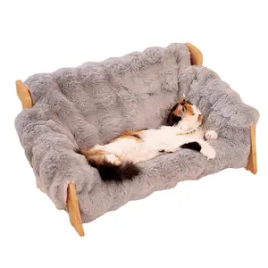 Conneme Elevated Pet Couch Bed, Wooden Cat And Small Dog Sofa, Removable Washable Fluffy Cover Raised, Kitty Lounge Chair Suitable For Puppy For Indoor