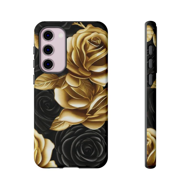 Elegant Black and Gold Roses Phone Case - Stylish Protection for Samsung Galaxy, iPhone, Google Pixel phones, iPhone Case, Samsung Galaxy Case, Google Pixel Case, Cellphone Accessories, Protective Wireless Protector Shell Golden Shockproof Cover