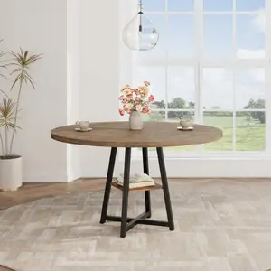 Round Dining Table for 4-6, 47 Inch Industrial Circle Kitchen Table with Storage Shelf, Wood Top Metal Base, Small Rustic Dining Room Table for Farmhouse, Dinner, Kitchen