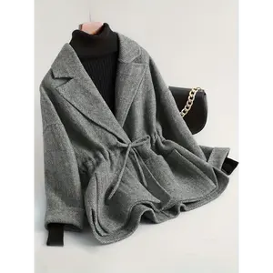 Plus Size, Women's Plus Size Oversized Grey Lapel Coat - Slim-Fit Tailored Winter Jacket with Waist Tie Belt, Structured Lapel Collar & Notch Lapel Jacket for, Formal Events (Grey Trench Coat)