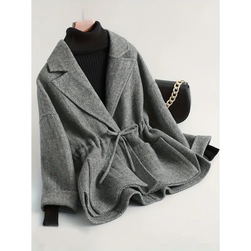 Plus Size, Women's Plus Size Oversized Grey Lapel Coat - Slim-Fit Tailored Winter Jacket with Waist Tie Belt, Structured Lapel Collar & Notch Lapel Jacket for, Formal Events (Grey Trench Coat)