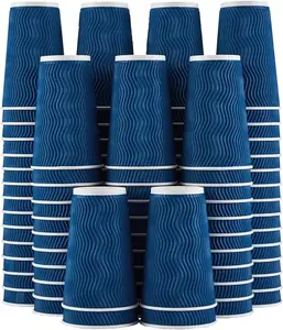 16 oz Coffee Cups - 90 Pack, Disposable Insulated Corrugated Paper Cups 16oz,  Ripple Wall Cups for Hot Beverage or Cold Drinks (Navy)