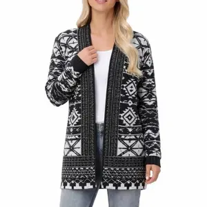 Frye Jacquard Knit Cardigan Sweater XXL Black White Geometric Patch Pockets