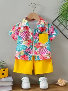 Boys' summer vacation style set, Casual set, vibrant Hawaiian style, boys' tropical floral print shirt+yellow shorts set, contrasting pockets+refreshing short sleeved design, Valentine's Day gift, suitable for beach vacation, outdoor play