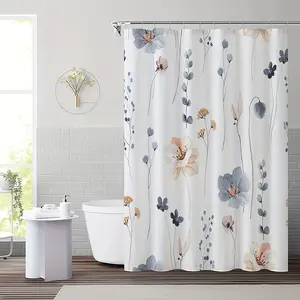 Watercolor Floral Shower Curtain Sets with Flowers, Modern Minimalist Bath Curtain, Bathroom Waterproof Fabric with 12 Hooks