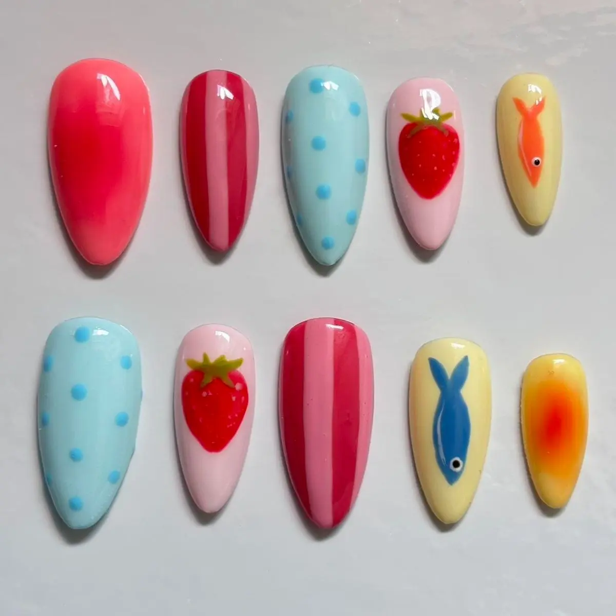 Cute Pastel Press On Nails, Strawberry & Fish Nail Art, Kawaii Summer Nails, Glossy Almond Nails, Handmade Fun Nail Set