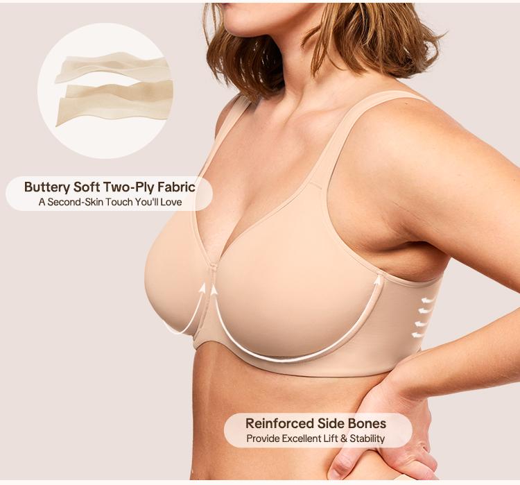 HSIA Joan Comfortzone Cooling Unlined Plus Size Full Coverage Underwire Support Minimizer Bra 1 to 1.5 Cup Sizes Down U Shaped Smoothing Back Wider Cushioned Straps Naked Feel Soft Smoothing T Shirt Bra for Big Bust Women