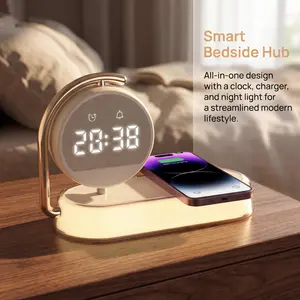 4-in-1 Wireless Charging Station with Fast Charger, Digital Alarm Clock, Adjustable LED Night Light, for iPhone and Android Phones - Perfect Gift for Spring, Memorial Day & Mothers Day Celebrations