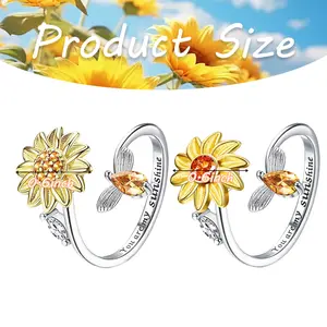 Fidget Spinner Ring for Anxiety Relief – Adjustable Open Ring with CZ Daisy & Sunflower Designs, Customizable Engraving for Women, Stress Relief Jewelry Gift for Valentine's Day (You Are My Sunshine)