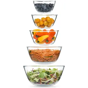 5pc Glass Mixing Bowls Sets (4.65QT, 2.80QT, 1.64QT, 1.16QT, 0.85QT), Glass Nesting Thick Kitchen Bowls for Baking Cooking Prep Storage Large Salad, Dishwasher Microwave Freezer Safe