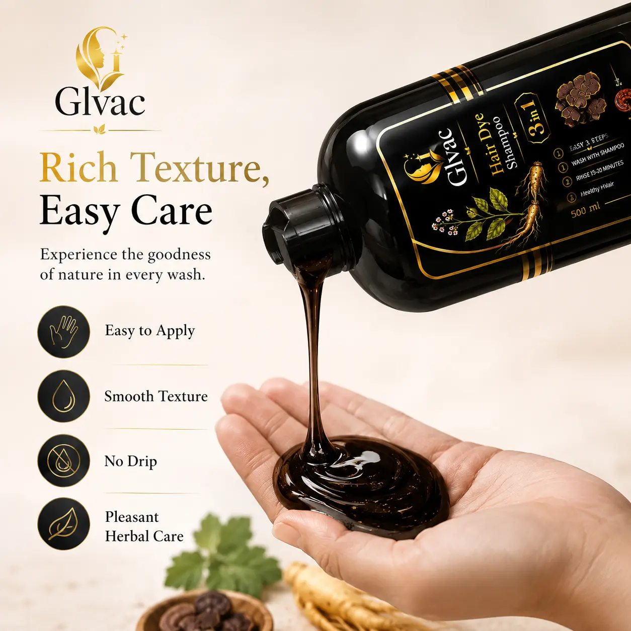 3-in1 Black Dye Black Brown Hair Coloring Natural HerbalGinsengHair Repair Shampoo Grey White Hair Dyed Black Adark