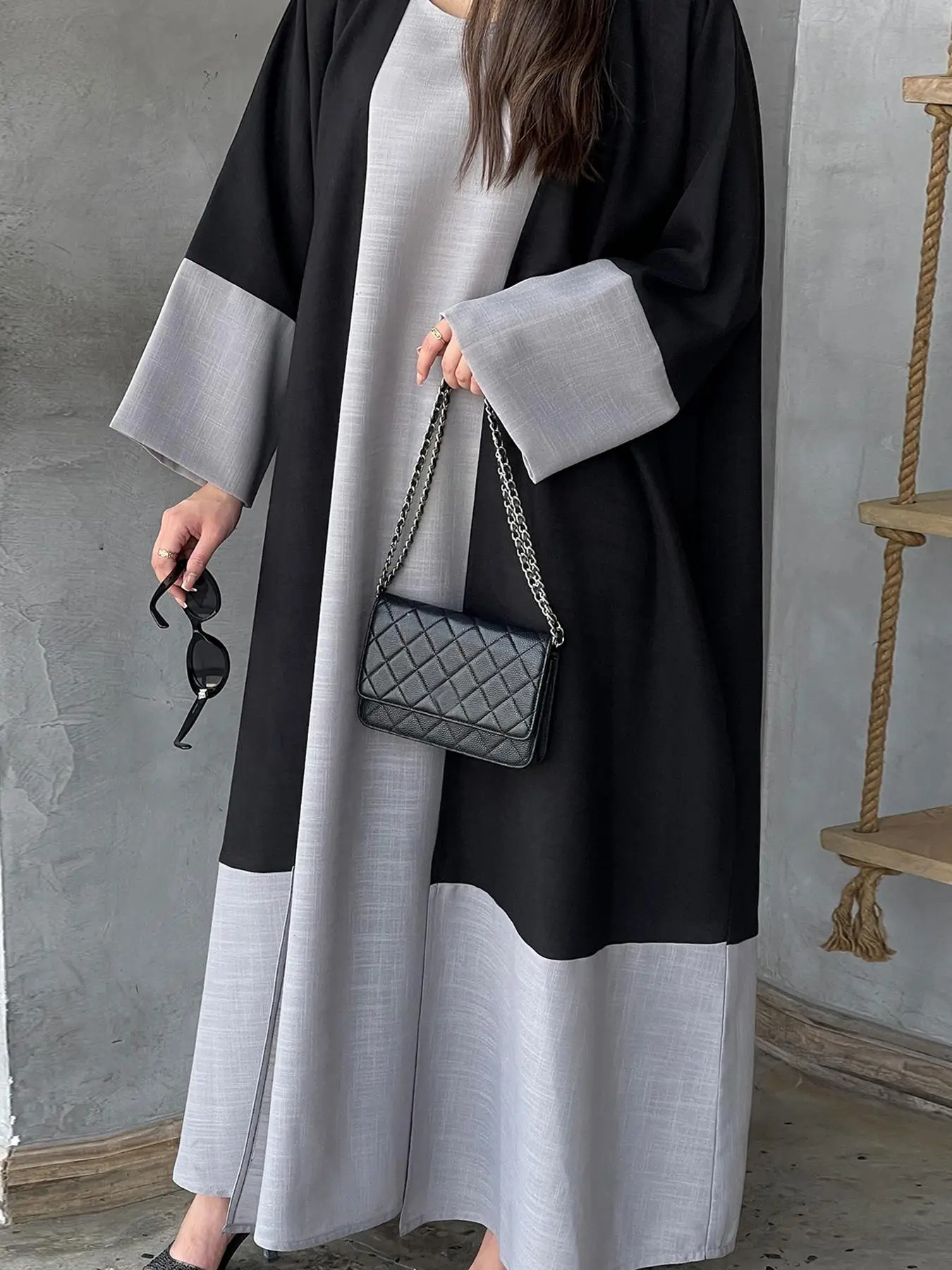 Women's Colorblock Patchwork Abaya & Tank Dress Set, Elegant Long Sleeve Abaya & Round Neck Dress, Arabic Clothing for Daily Wear, Women's Islamic Set