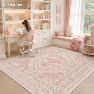 ComiComi Pink Princess Vintage Floral Area Rug, High-Density Low Pile Machine Washable Rug, Waterproof Non-Slip Stain Resistant Soft Carpet for Nursery, Kids Room, Bedroom, Living Room,Gril's Room Decor Item Mid-Year Sale