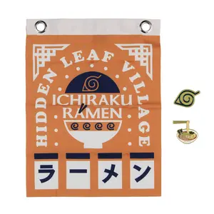 Naruto Anime Hidden Leaf Village Ichiraku Ramen Enamel Lapel Pin and Felt Banner Set