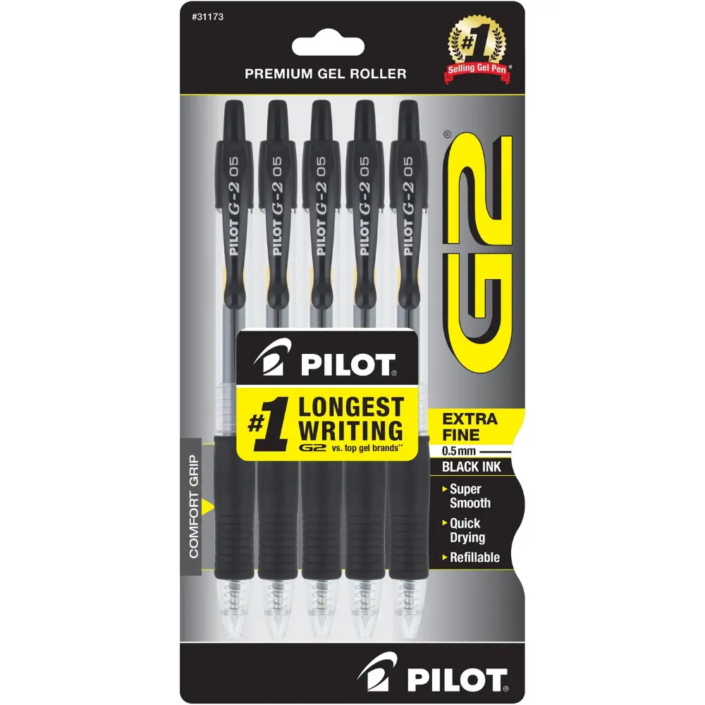 G2 Premium Retractable Gel Ink Rolling Ball Pens, Extra Fine Point, Black Ink, Pack of 5
