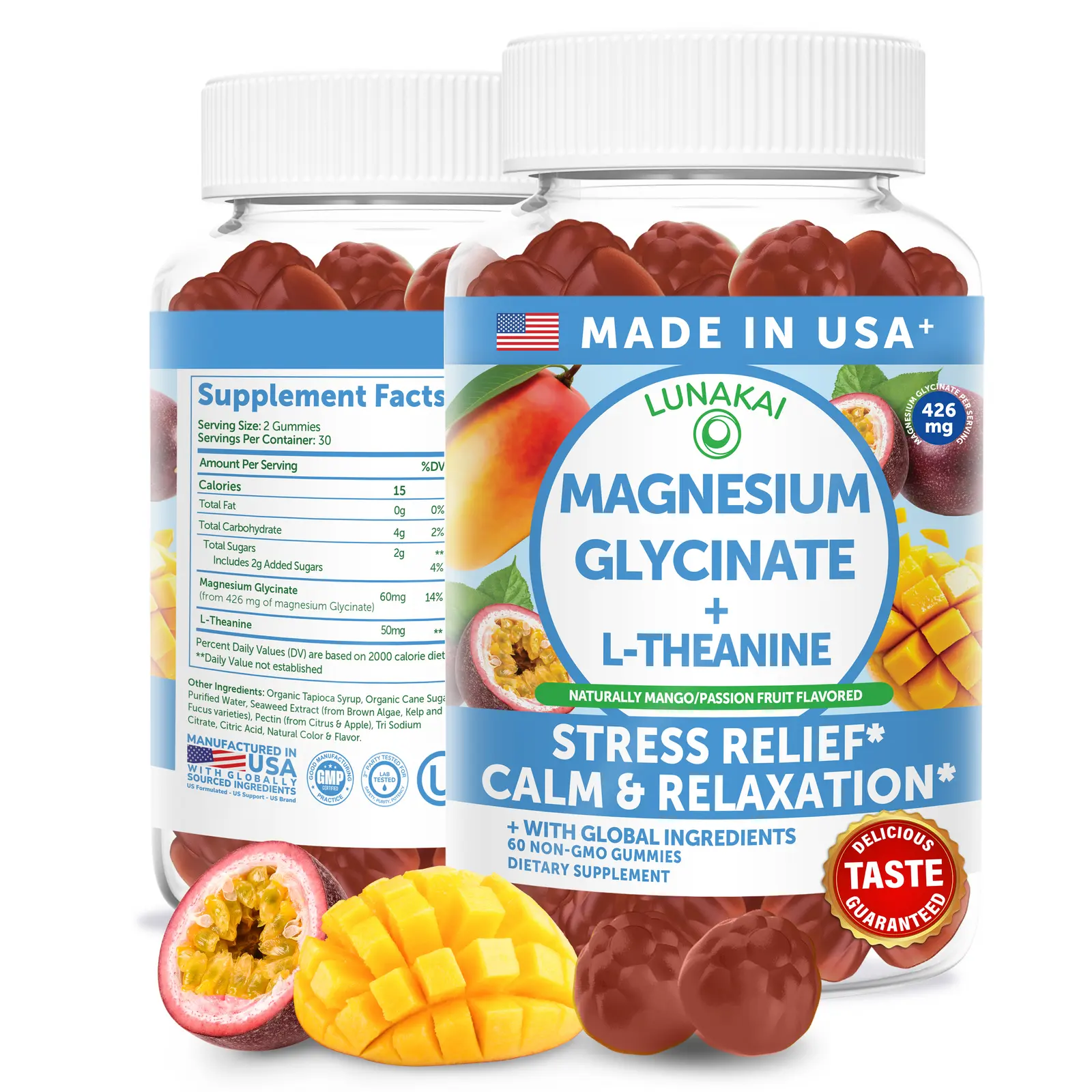 Lunakai USA Made Magnesium Glycinate Gummies with L-Theanine for Kids & Adults – 420mg Magnesium Supplement for Calm, Sleep & Stress Support, 60ct