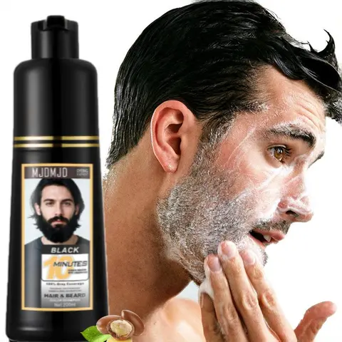 Men's 2-in-1 Beard & Hair Dye Shampoo - 10-Minute Fast Gray Coverage Black Color, Skin-Friendly Gentle Natural Formula, 3-4 Weeks Long-Lasting, Argan Oil Infused, Contains Neither Bleach, Male Adults Haircare for At-Home Dry Hair Application