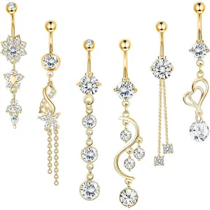 CASSIECA  6 Pcs Belly Button Bar for Women 14G Dangle Belly Bar 316L Surgical Steel CZ Navel Barbell Body Piercing Jewelry 10mm