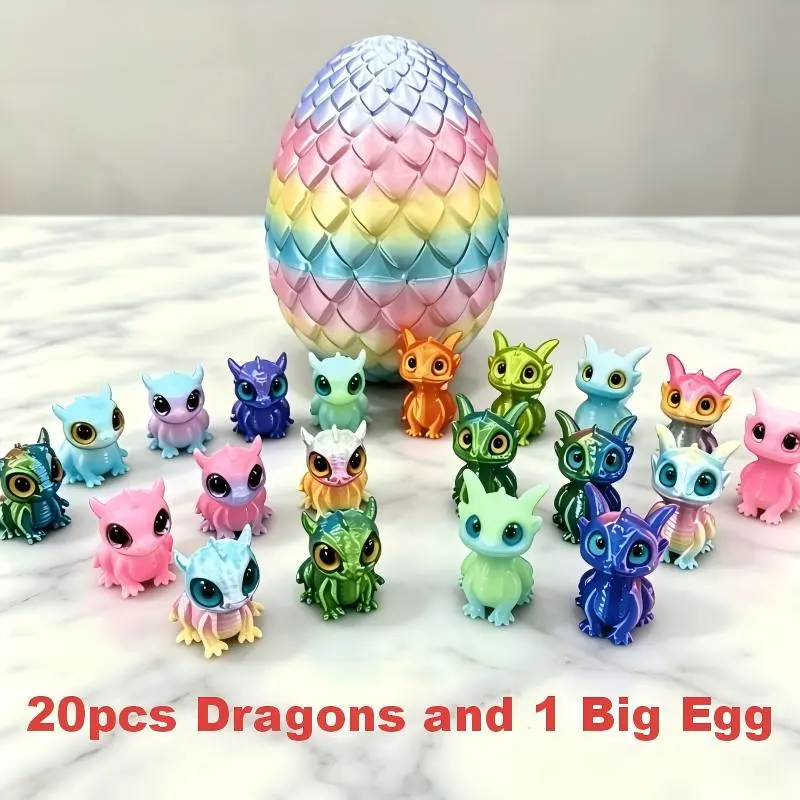 3D Printed 20pcs Mini Dragon & Cracked Crystal Egg Statue - Cute Big Eyes, Small Size, Random Vibrant Colors, Home Decor Party Gift