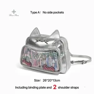 Y2K Korean Cute Cat Ita Bag Japan Kawaii PU Crossbody Bag Girls Transparent Pocket Harajuku Shoulder Bag Silver Fashion Backpack