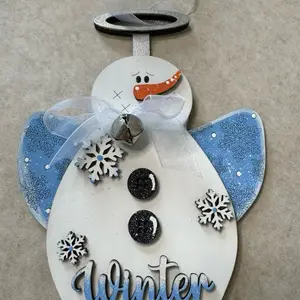 Snowman Angel Ornament with Winter Theme Blue Snowflake Accents and Bell Decoration