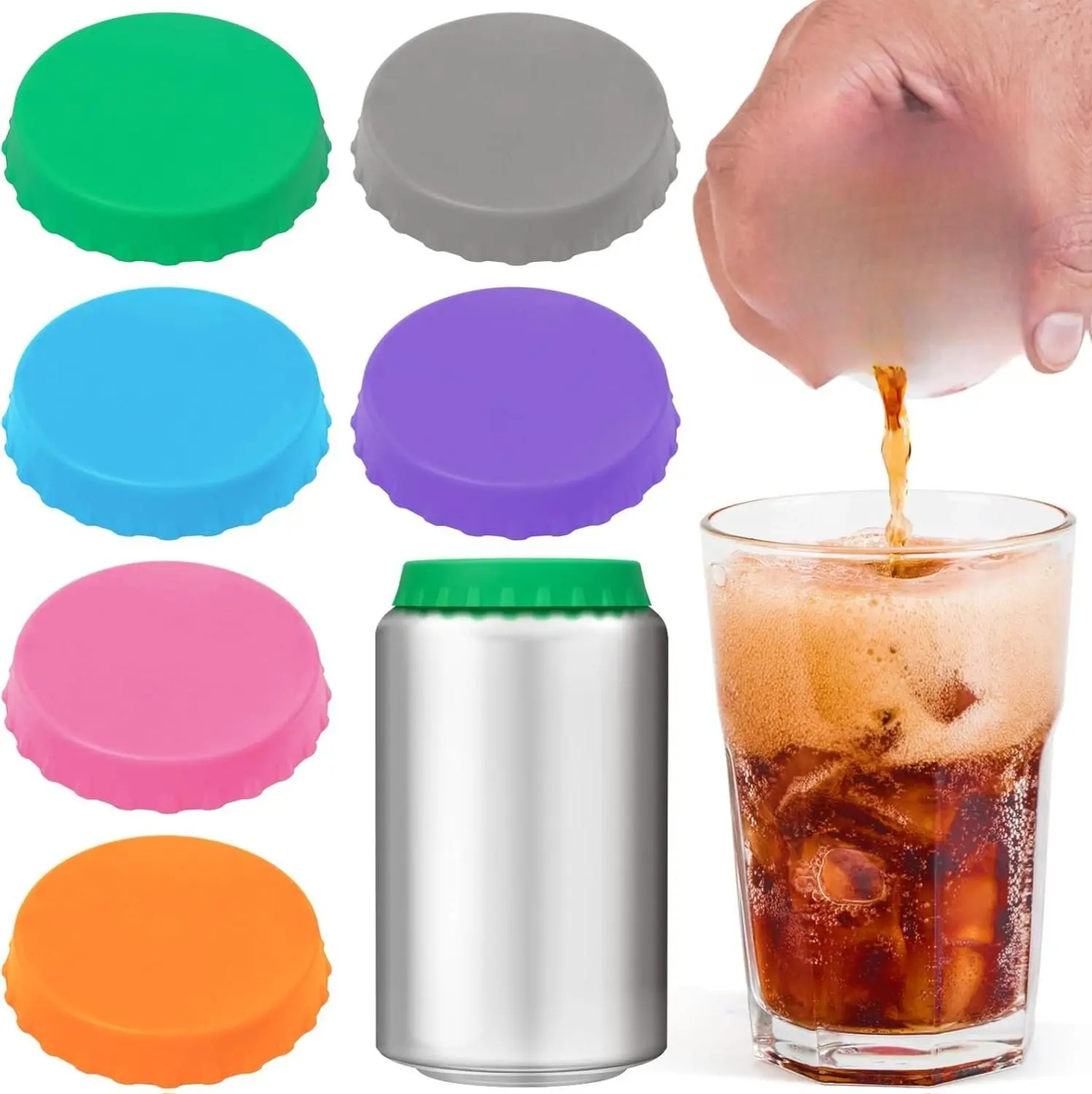 Silicone Soda Can Cover Lids - 6 Pack Reusable BPA Free Can Covers for Soda Beer Juice & More - Soft Durable & Easy to Clean - Fits Standard Cans 2.13 Inch Diameter - Blue Green Gray Purple Pink Orange