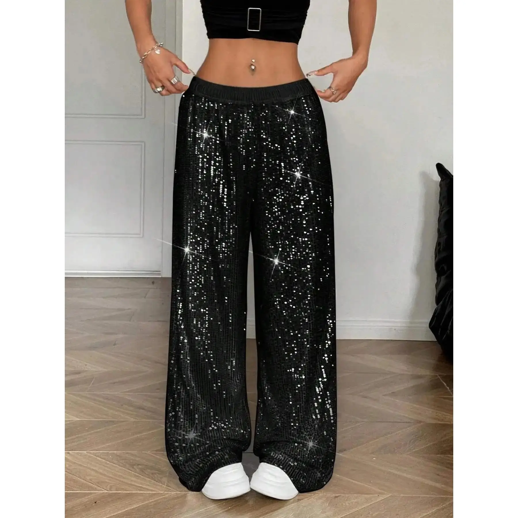 Women Sparkly Sequin Wide Leg Maxi Trousers Music Festival Date Night New Year Eve Going Out Pants Glitter Party Club 2026