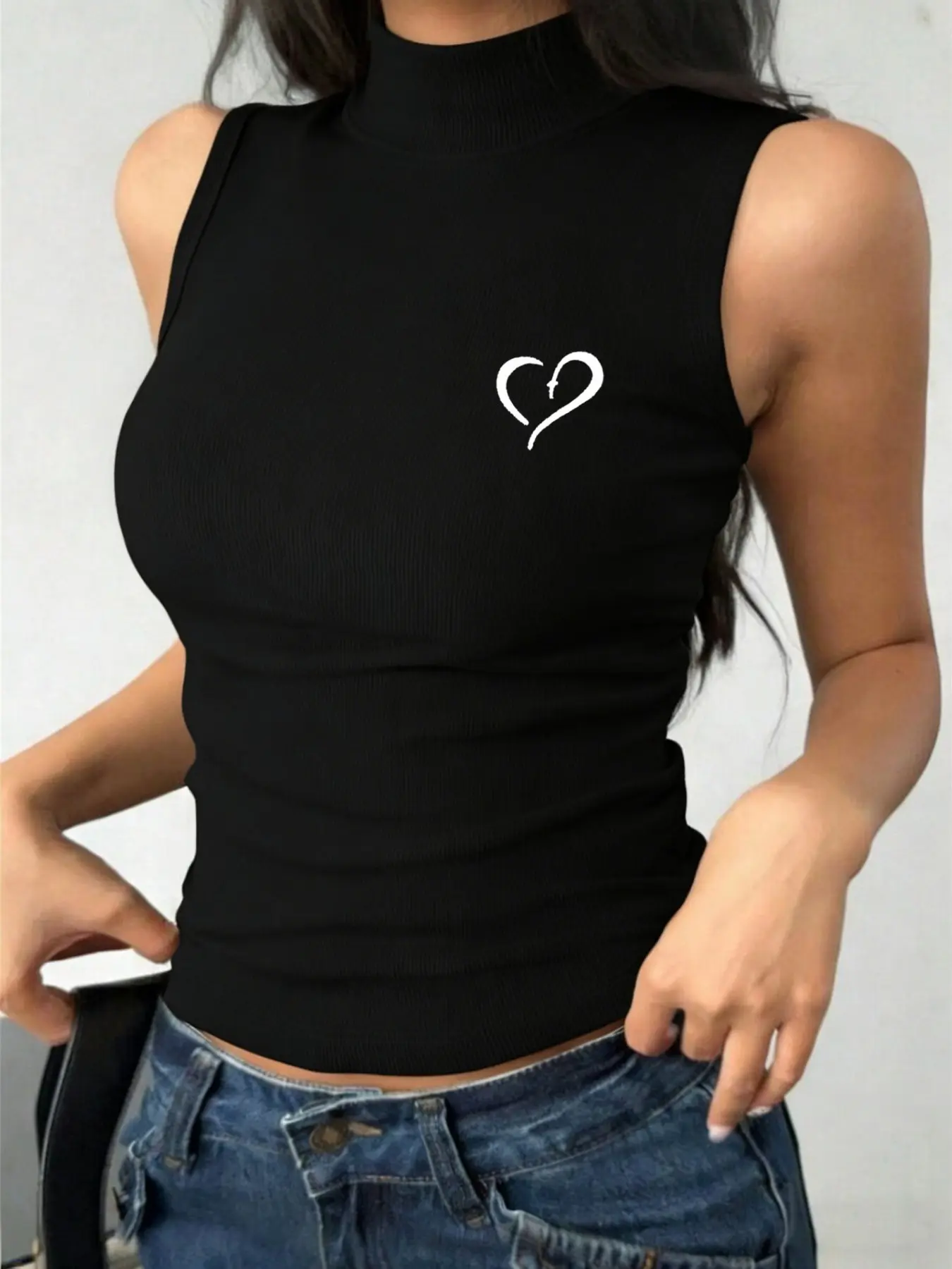 Women's Knitted Half High Neck Sleeveless Top, Sporty Yoga Stretch Fitting Tank, Comfortable Stretchy Activewear for Daily Wear, Sporty Cami Top, Workout Activewear, Workout Apparel