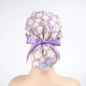 Purple Floral Ponytail Scrub Caps for Long Hair, Cotton Surgical Hat with Forehead Sweatband and Buttons