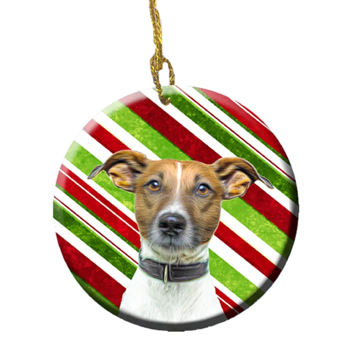 Jack Russell Terrier Gloss White Ceramic Ornament - 2.8x0.15x2.8 in Candy Cane Themed Christmas Decor, Customizable Heirloom Home Gift