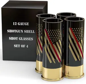 Set of 4 12GA Shot Glasses – Thin Red Line & US Flag Shooters for Whiskey, Tequila, or Jello Shots