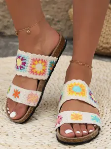 Women's Fashionable Sunflower Pattern Crochet Sandals, Casual Flat Sandals, Boho Style Round Toe Sandals for Beach Vacation, Casual Versatile Shoes for Daily Wear, Girl