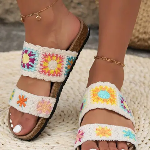 Women's Fashionable Sunflower Pattern Crochet Sandals, Casual Flat Sandals, Boho Style Round Toe Sandals for Beach Vacation, Casual Versatile Shoes for Daily Wear, Boho Style Slides, Girl, Bohemian Sandals, Casual Trendy Sandals, Casual Summer Footwear
