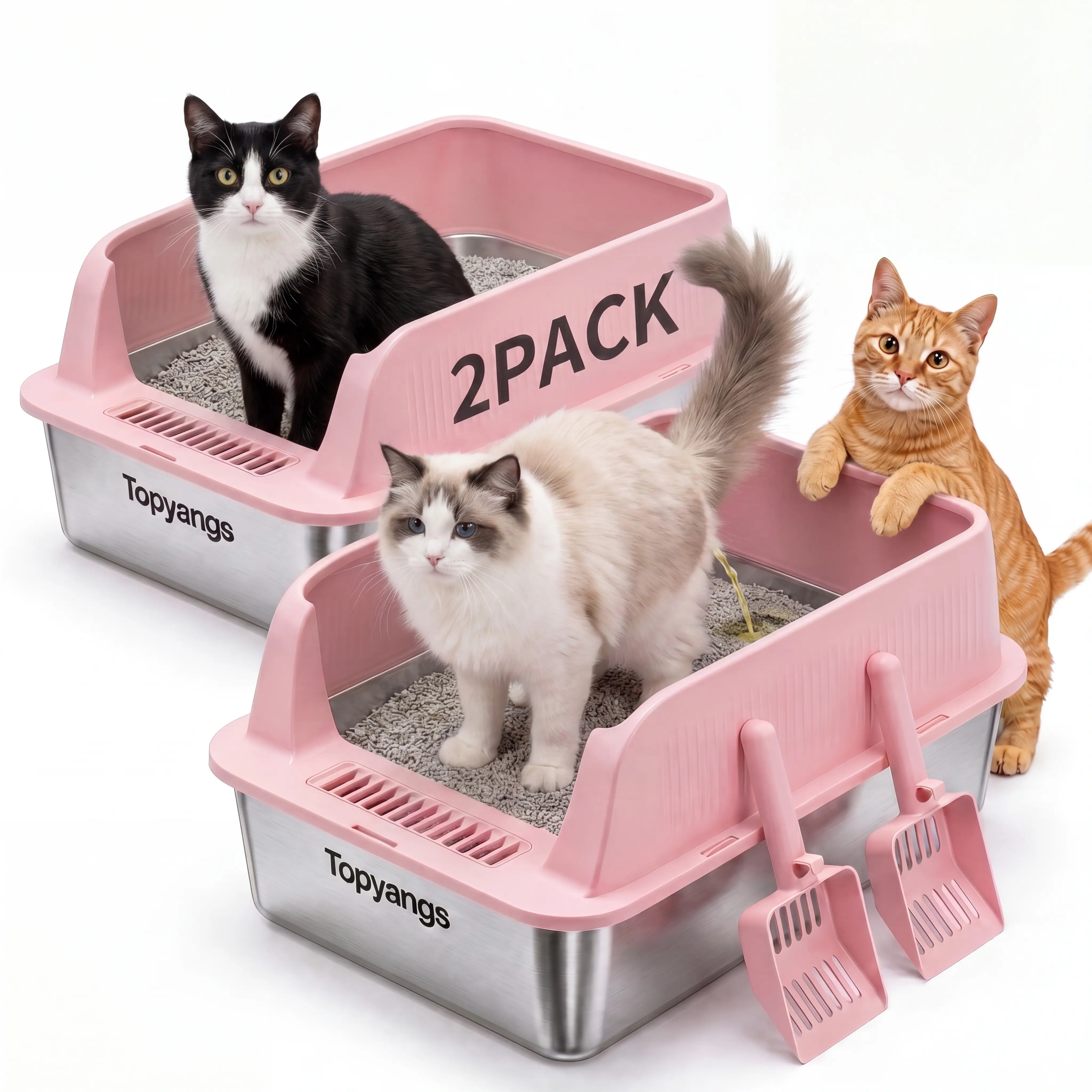 Topyangs 2-Pack Extra Large Stainless Steel Cat Litter Box with High Splash Sides, Leak-Proof Non-Stick Metal Litter Pan, Rust Resistant & Easy to Rinse Clean, Comes with 2  Litter Scoops,  for Large Cats & Multi-Cat Households, the best Gift