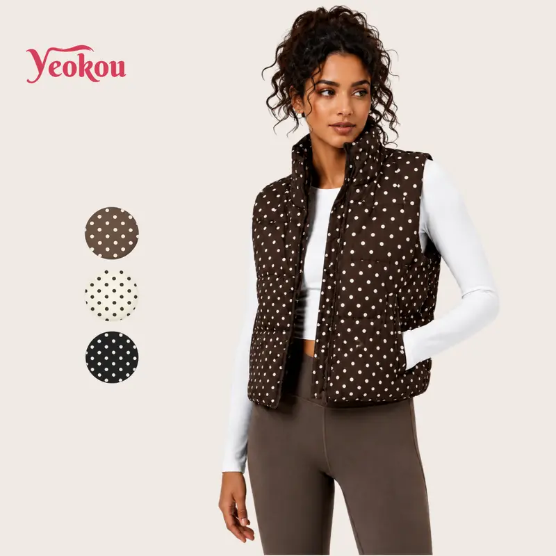 Yeokou Women's Polka Dot Sleeveless Cropped Short Length Puffer Vest, Casual Tops, Lightweight Windproof Packable Fall Winter Outerwear, Stand Collar, Zip, Pockets, Ideal Layering Piece for Daily Use