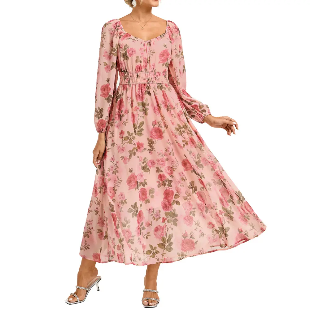 Grace Karin Women's Chiffon Longsleeves Square Neck Maxi Dress - Elastic Waist, Formal Party Wear, Floor Length, Print Design