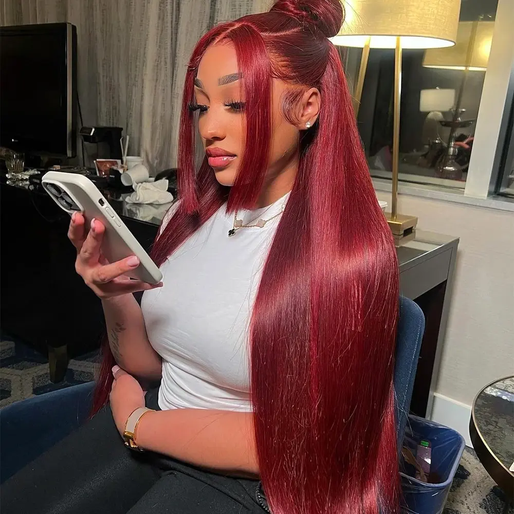 99J Straight Wig Burgundy 13x6 HD Lace Frontal Human Hair Wig Straight Red 13x6 Lace Front Human Hair Wigs For Women  99J Colored 180% Density PrePlucked Tiktokshop Memorialday Lace Closure Wig Real Hair Wigs