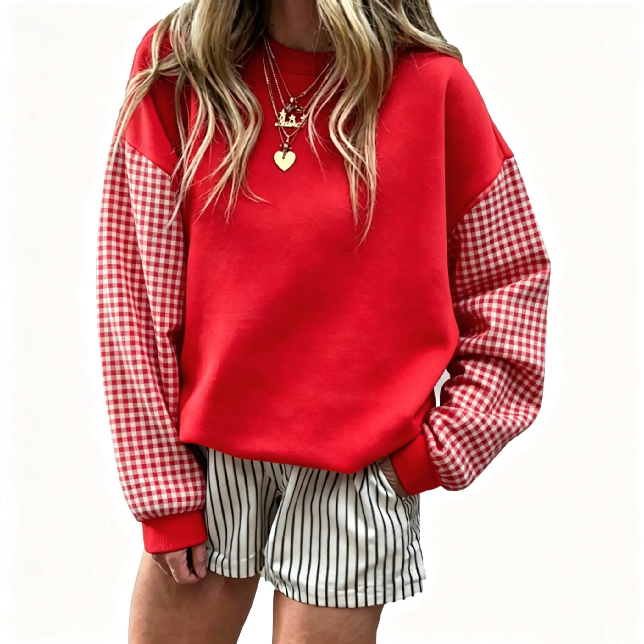 Women's Oversized Crewneck Plaid Sweatshirt - Drop Shoulder, Long Sleeve, Color Block Pullover Tops for Everyday Casual Style, Pair with Jeans or Leggings