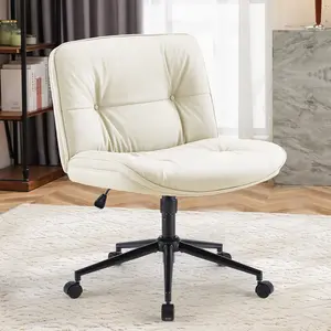 Criss Cross Legged Armless Office Chair, Wide Seat Swivel Desk Chair with Wheels, Height Adjustable Comfy Computer Task Chair, Modern Faux Leather Upholstered Vanity Chair for Home Office, Bedroom & Living Room, Cream White