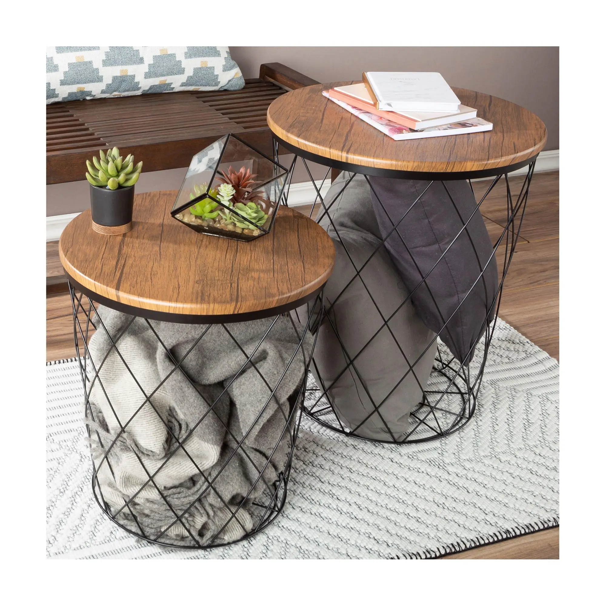 Lavish Home 2 Nesting Tables with Diamond Pattern Wire Basket