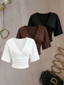 Three-Piece Solid Color Pleated Short Top for Women, Deep V Neck, Three-Quarter Sleeves, Slim Fit, Casual Minimalist Basic T-Shirt