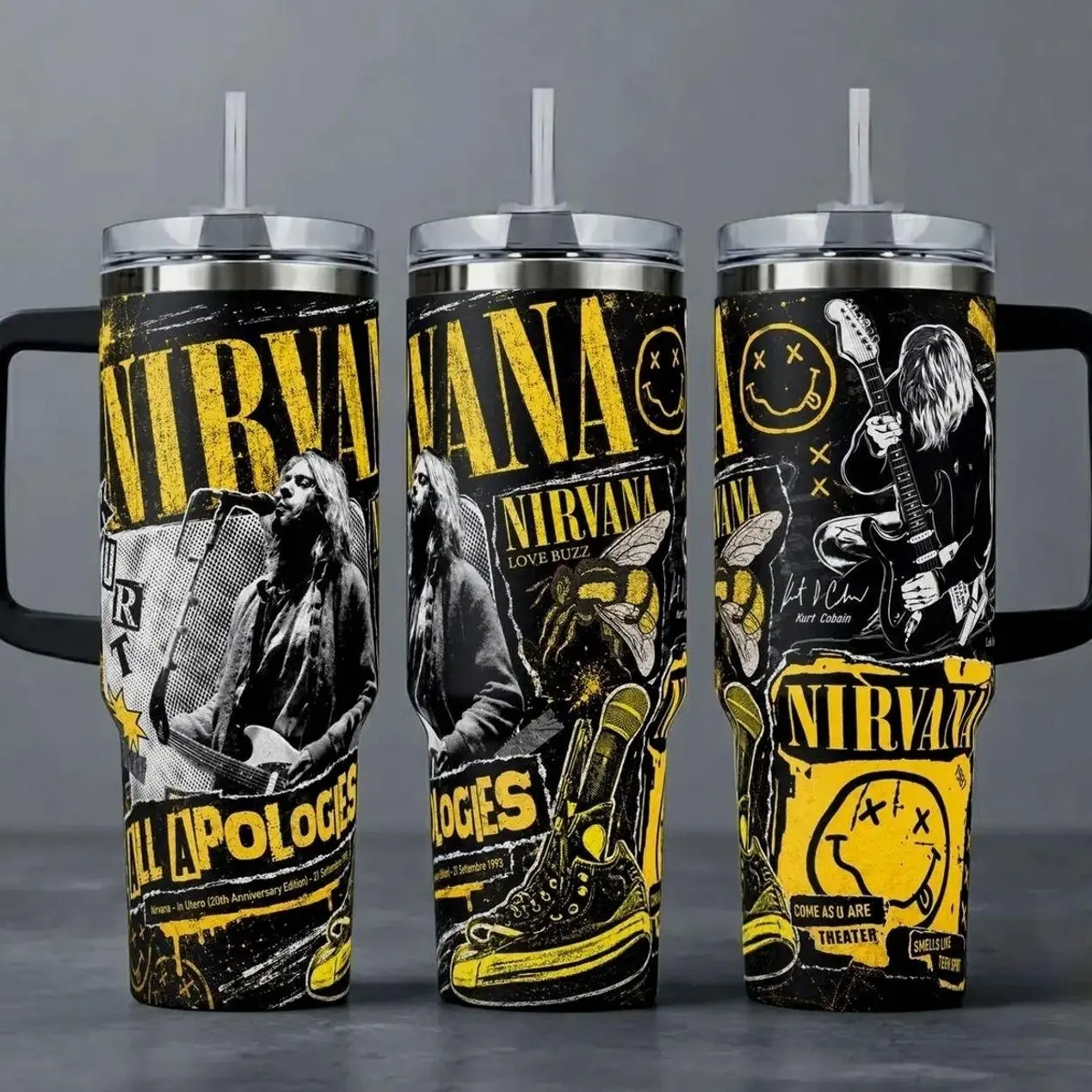 Nirvana Band Tumbler, 20oz & 40oz Insulated Travel Mug with Handle & Straw. All Apologies Kurt Cobain Grunge Rock Music Cup, Heavy Metal Fan Merchandise,