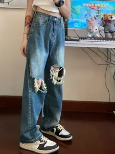 Women's Medium Wash Multi Big Frayed Ripped Wide Leg Jeans, Raw Tattered Distressed Holes Oversized Baggy Floor Length Denim Pants Y2K Skater Grunge Streetwear Retro Casual Trendy Bottoms