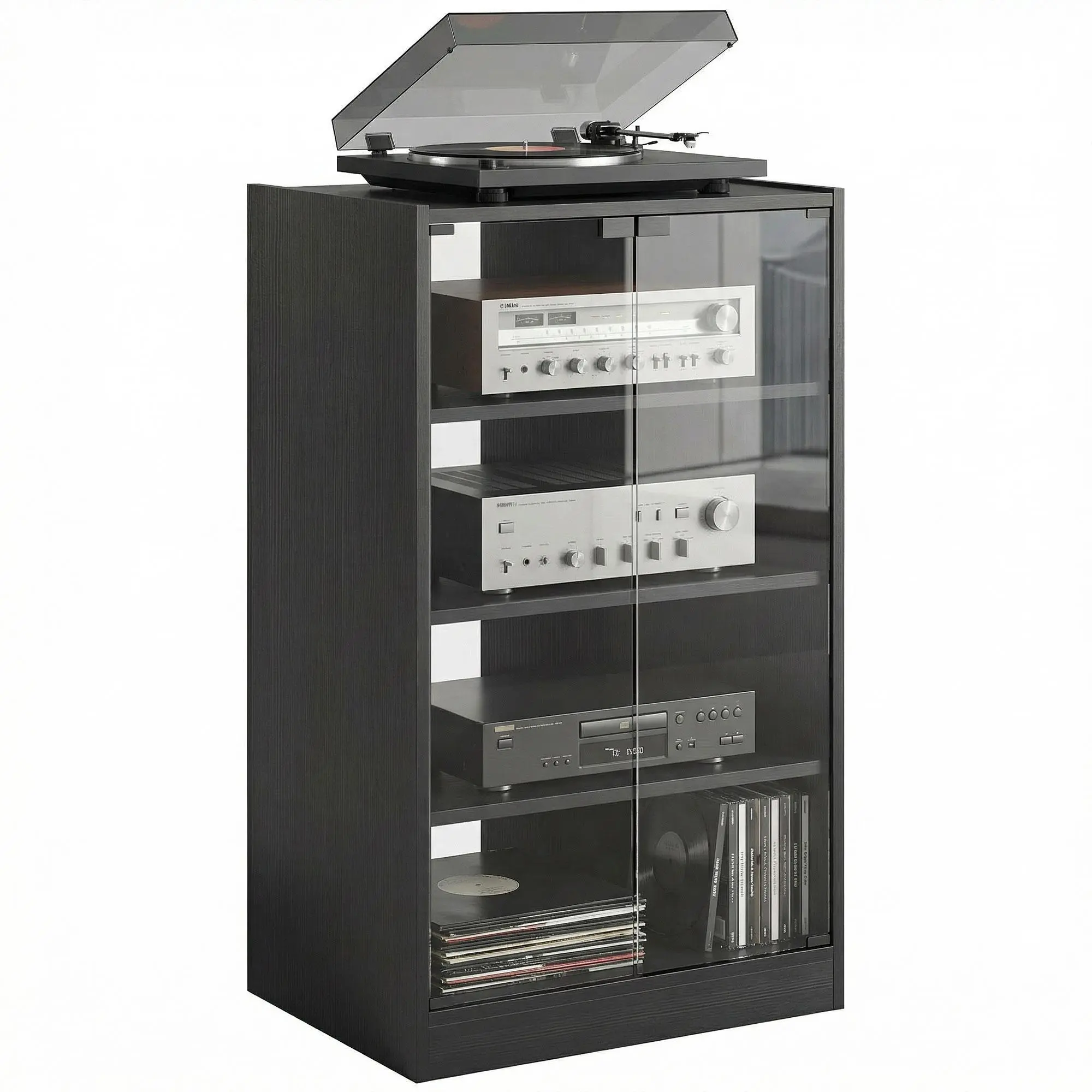 HOMCOM Media Cabinet, 4-Tier Stereo Cabinet for Vinyl Record Player, Gaming Console, AV Record Player Stand with Adjustable Shelves, Push-to-Open Glass Doors and Cable Management