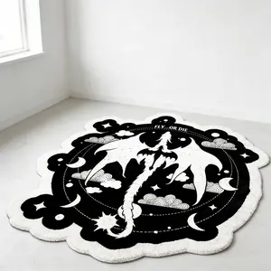 Starry Moon Flying Dragon Alien Circular Carpet Black and White Contrast Fleece Floor Mat Bedside Non slip Wear resistant Foot Mat Dark Fantasy Personalized Space Decoration Pad Compatible with Ins/Gothic Fantasy Home Decoration