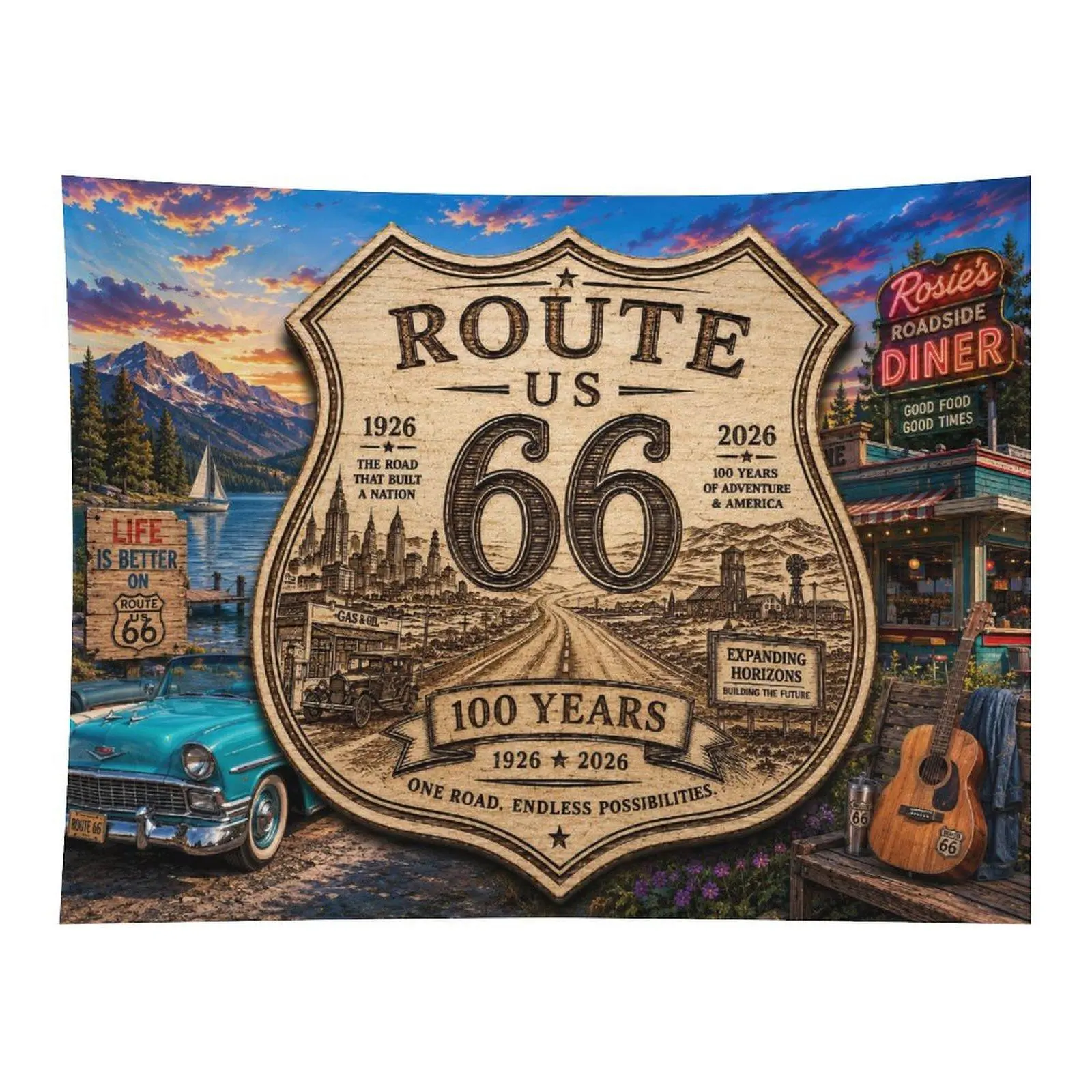 Vintage Route 66 Highway 100th Anniversary Tapestry Retro Car Diner Mountain Scenery Classic American Road Trip Wall Art