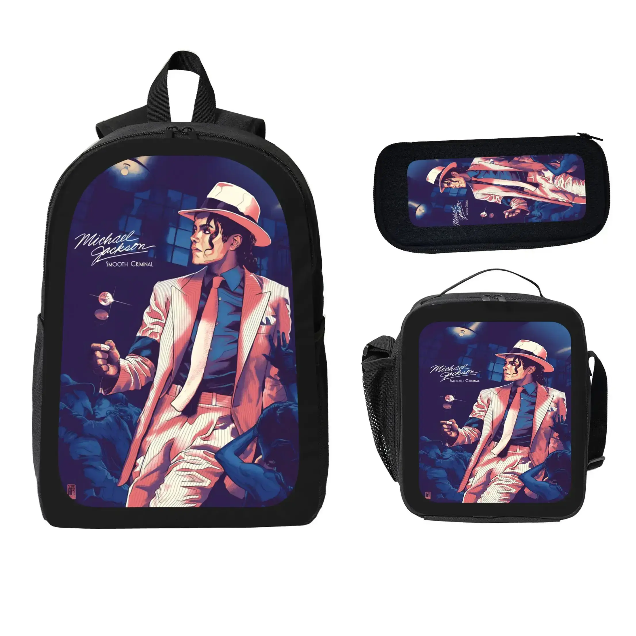Michael Jackson Themed Unisex 3PCS School Set - 600D Oxford Cloth Large Cap School Style Backpack, Lunch Bag, Pencil Case for Teens, Lightweight Youth Student Class Bag with Adjustable Straps & Comfortable Mesh Back